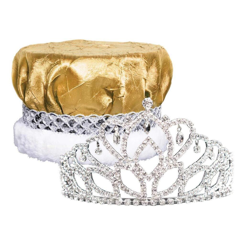 6177 Gold Crushed Satin King Crown and Mirabella Queen Tiara Royalty Set